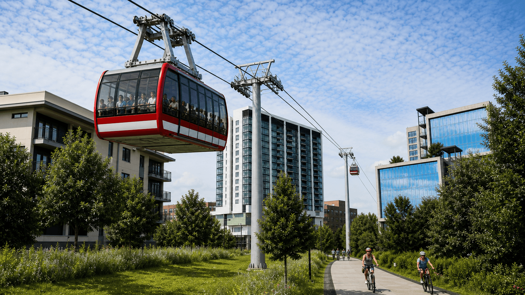 Generated concept of a red-and-white aerial tram above a green Beltline corridor