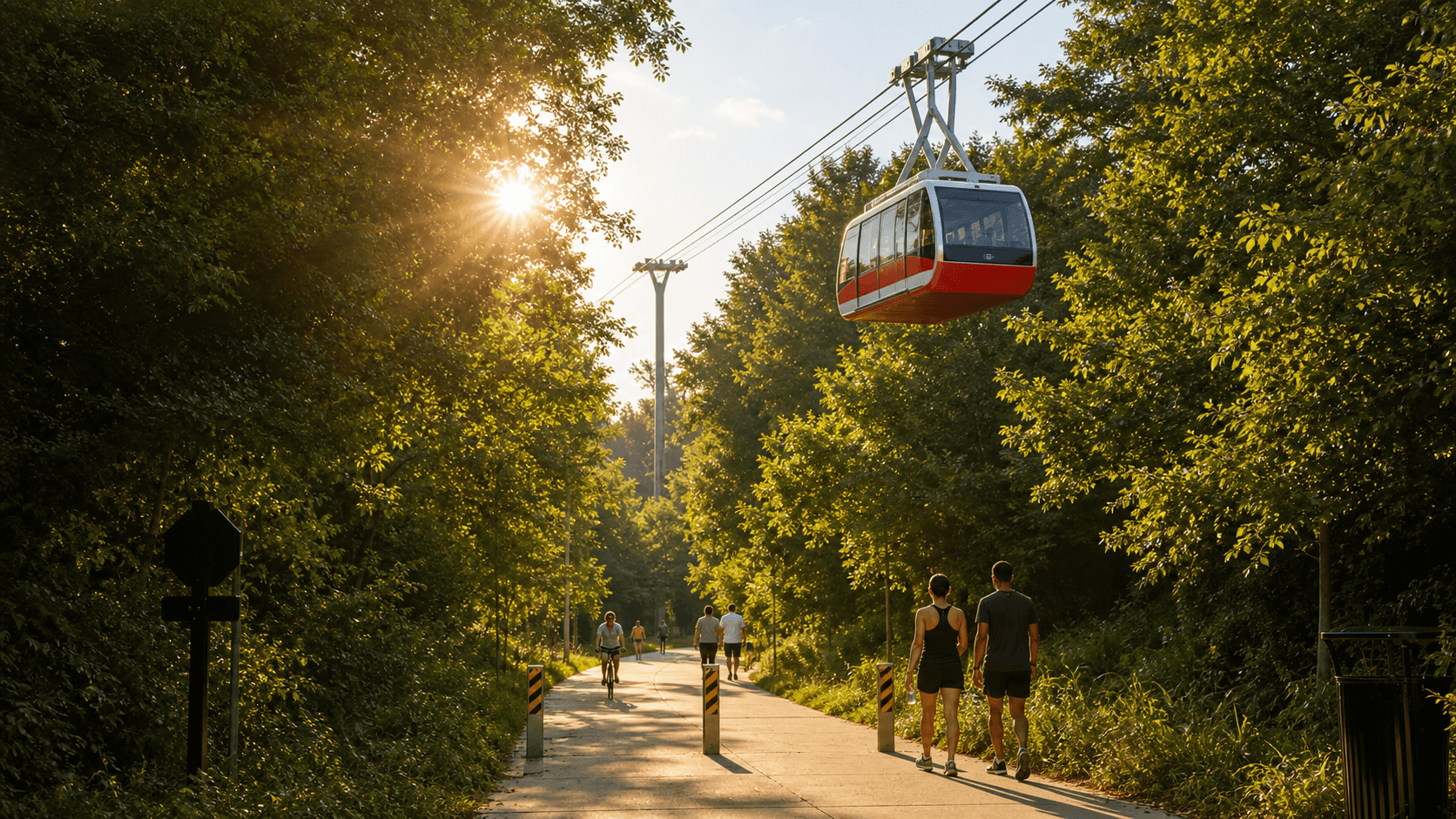 Generated concept of a red-and-white aerial tram safely separated above the Atlanta Beltline Westside Trail